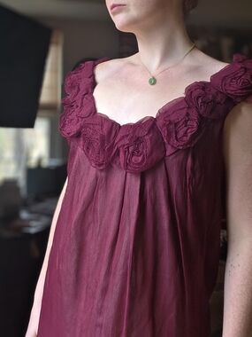 Designer Lela Rose Runway Ready To Wear Burgundy Rosette Silk Chiffon Slip Dress